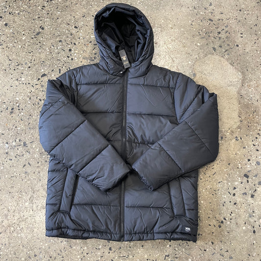 front view of black hooded puffer jacket