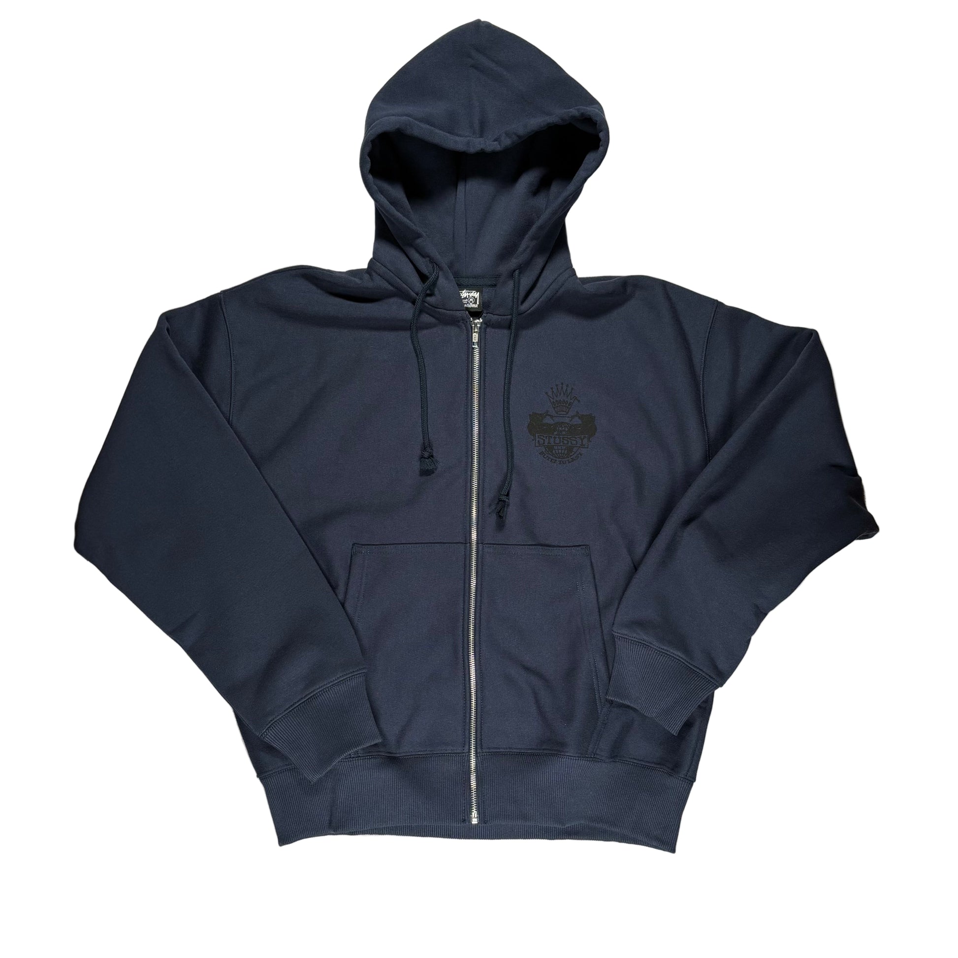 Navy blue hoodie with a zipper on a white surface