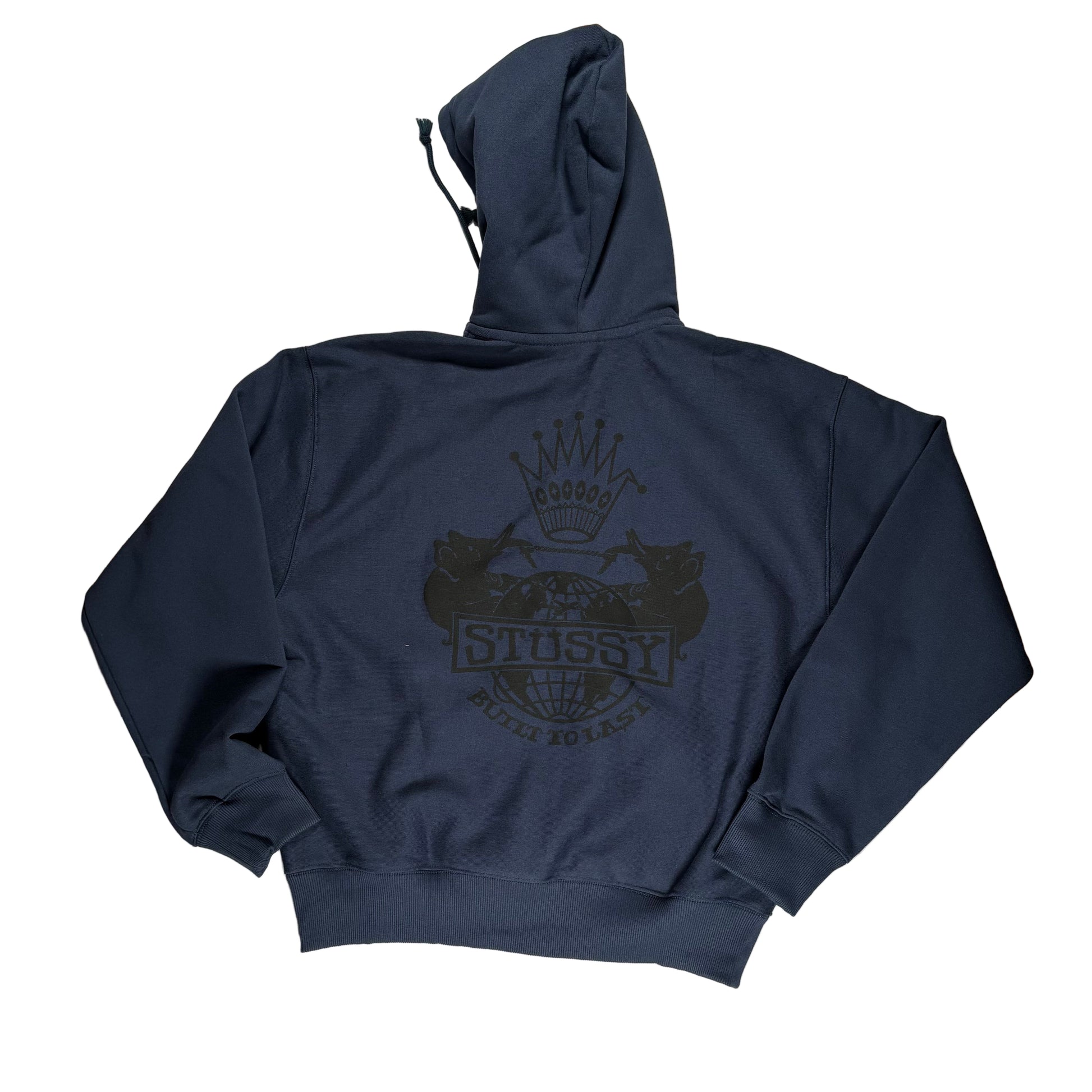 rear view of Navy blue hoodie with a logo on a white surface