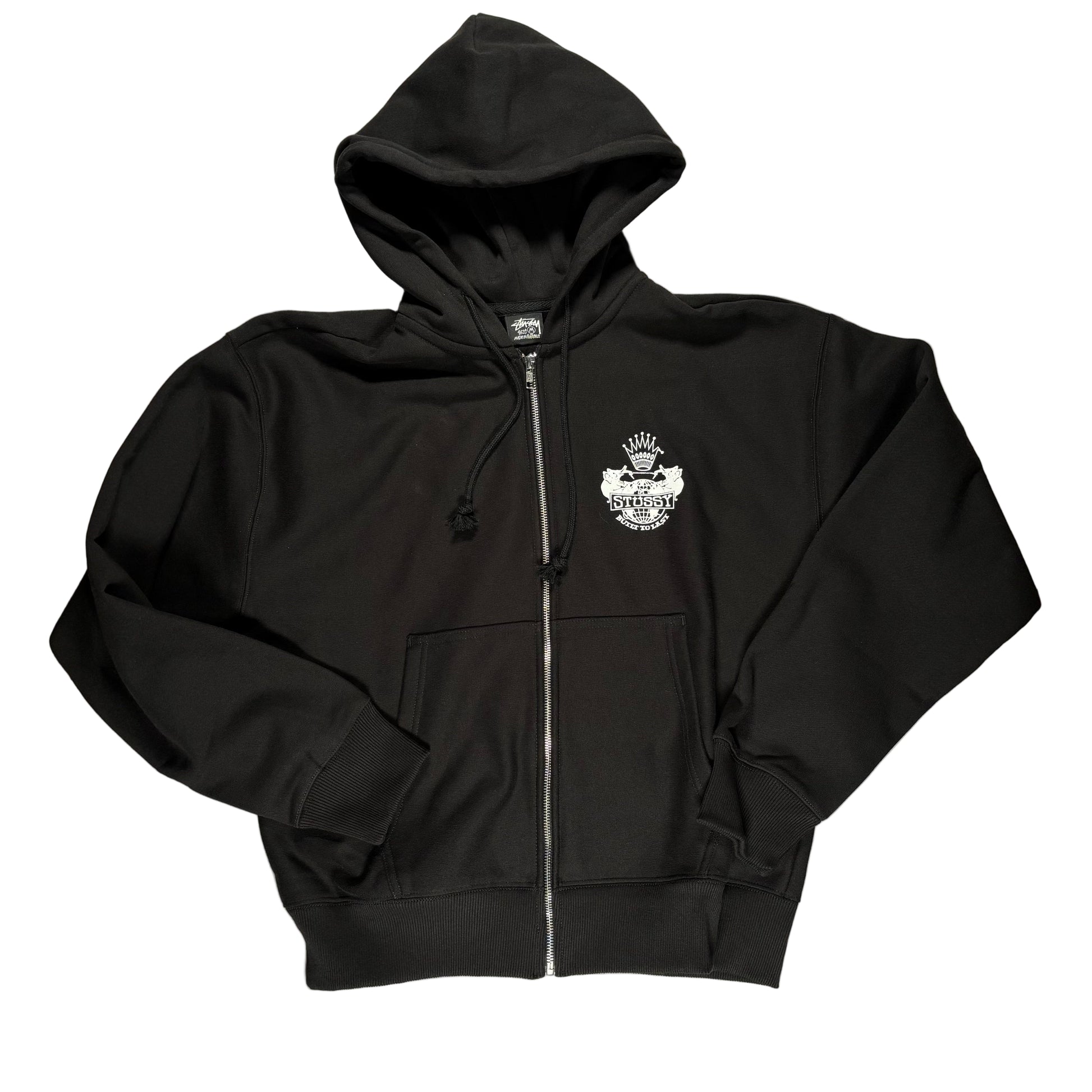 Black hoodie with a stussy  logo on the left chest, on a gray surface