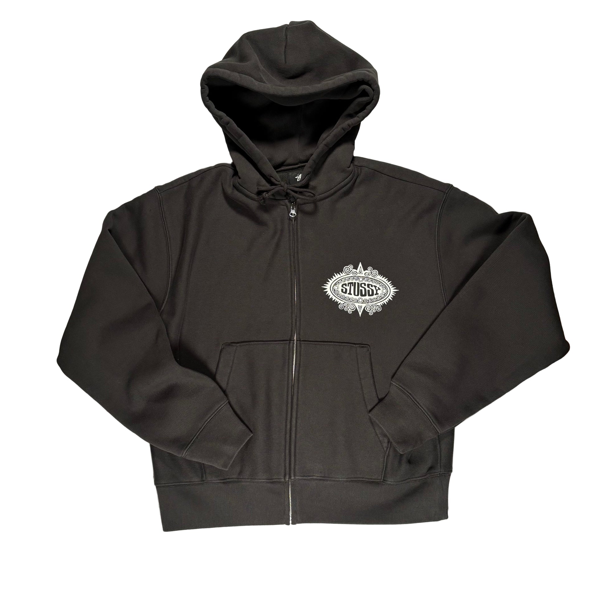 Black hoodie with a lest chest stussy logo logo on a white surface