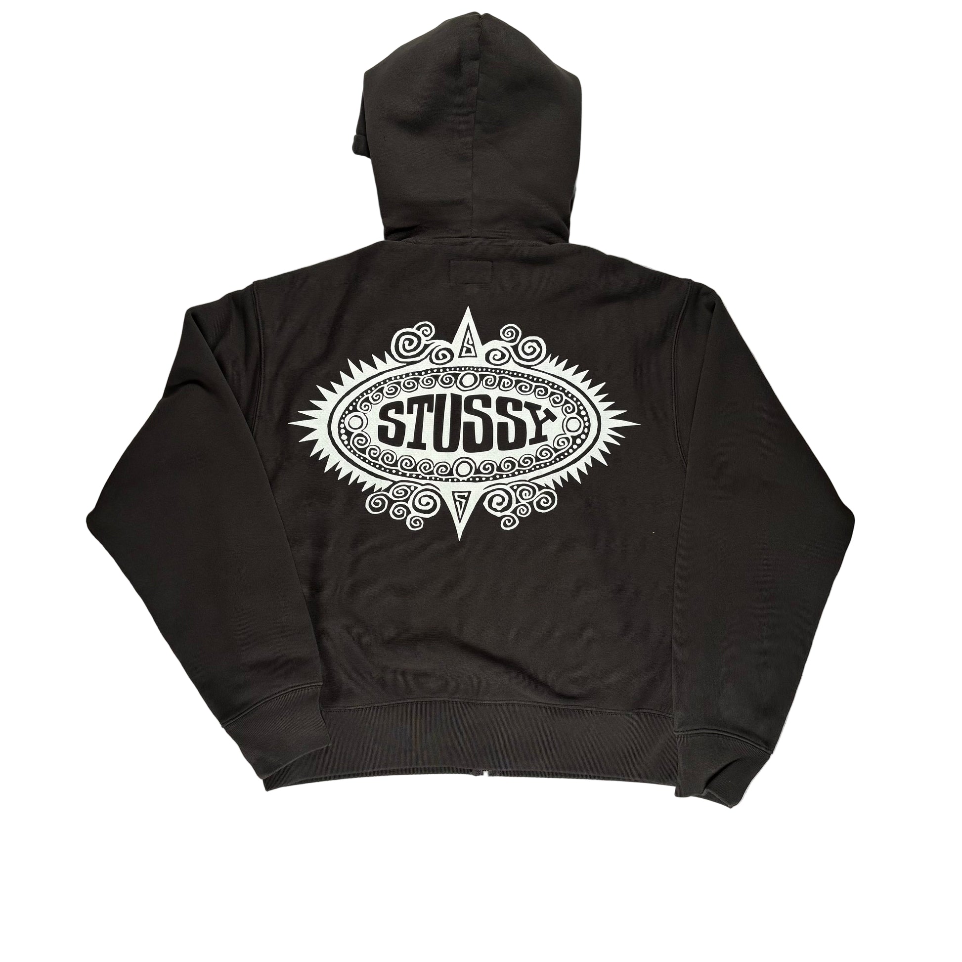Black hoodie with Stussy logo on a white surface