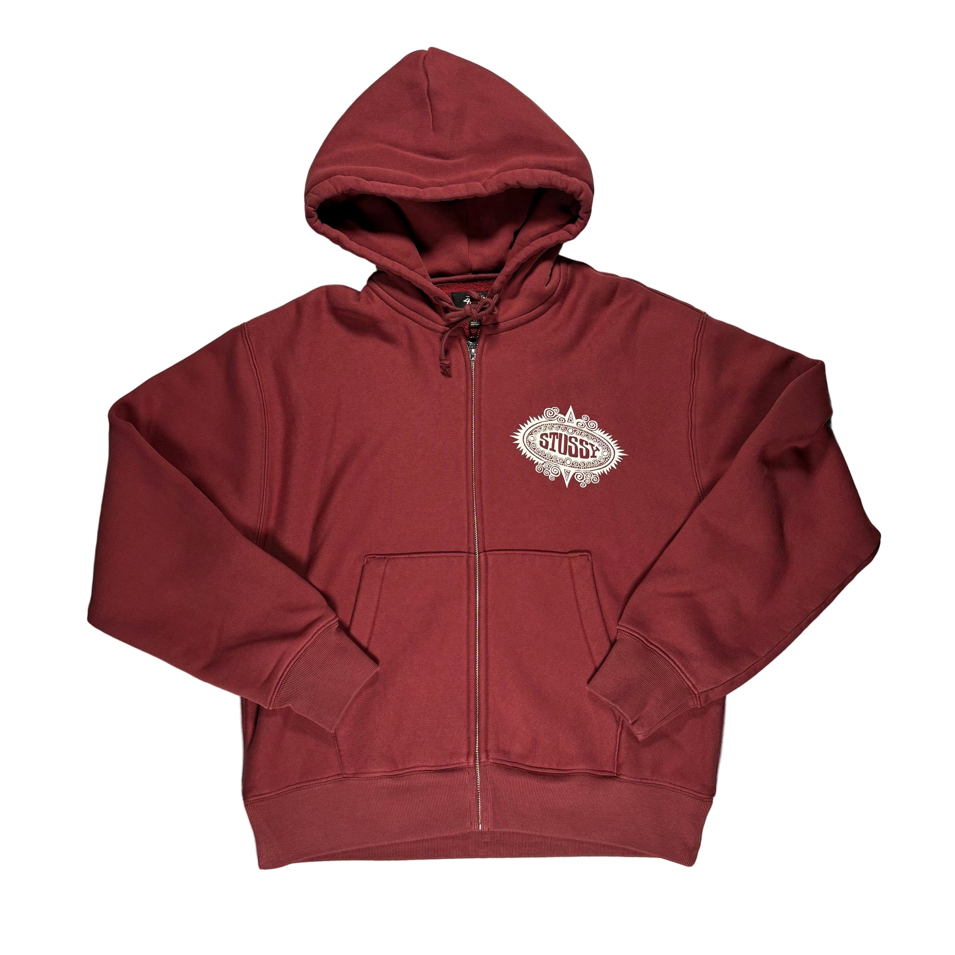 Maroon hoodie with a stussy logo on a white surface