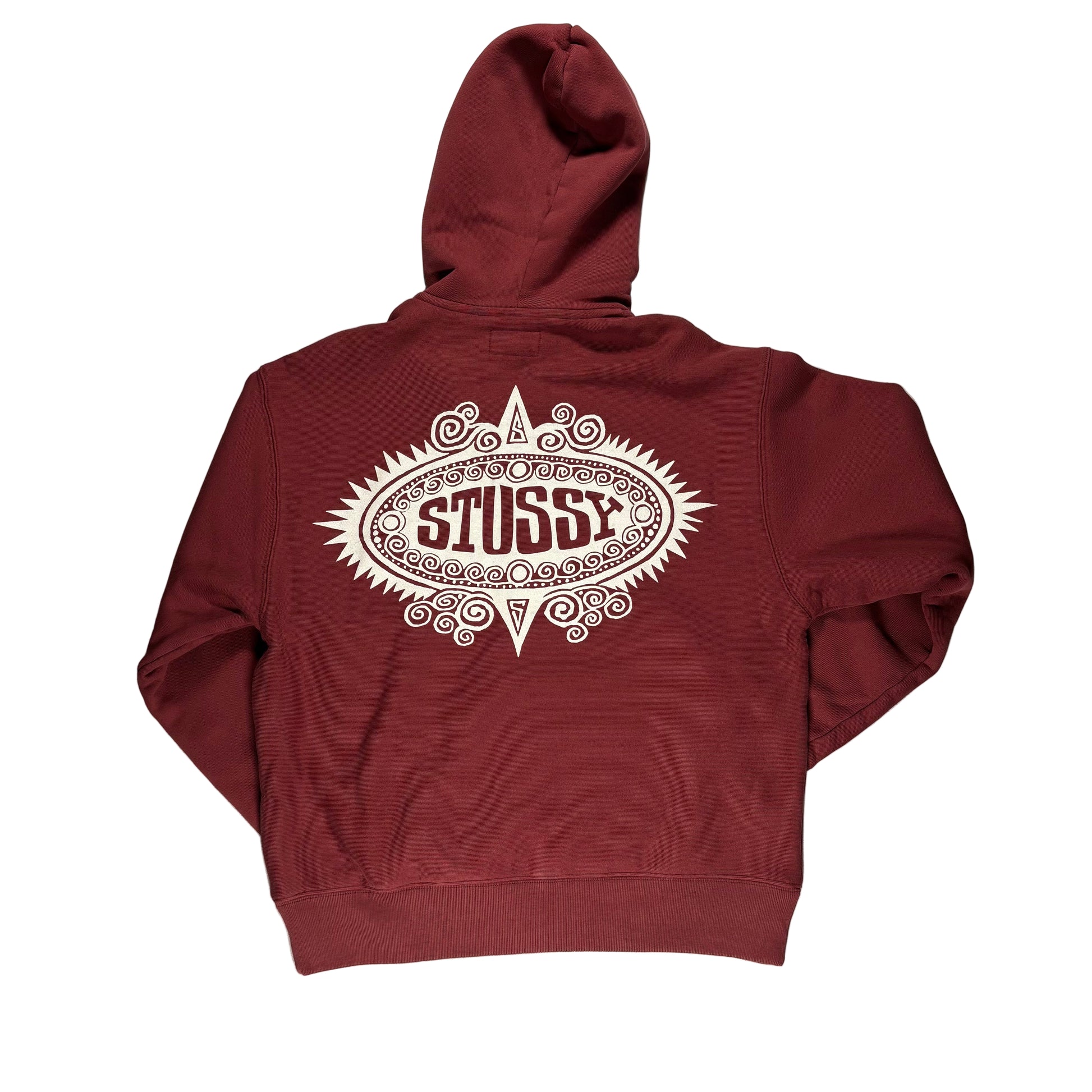 Maroon hoodie with white 'Stussy' logo on a white surface
