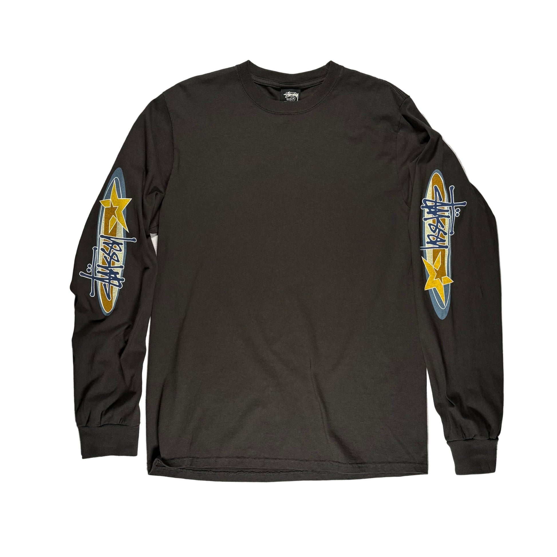 Black long-sleeve shirt with colorful stussy graphics on sleeves laid flat on a white surface
