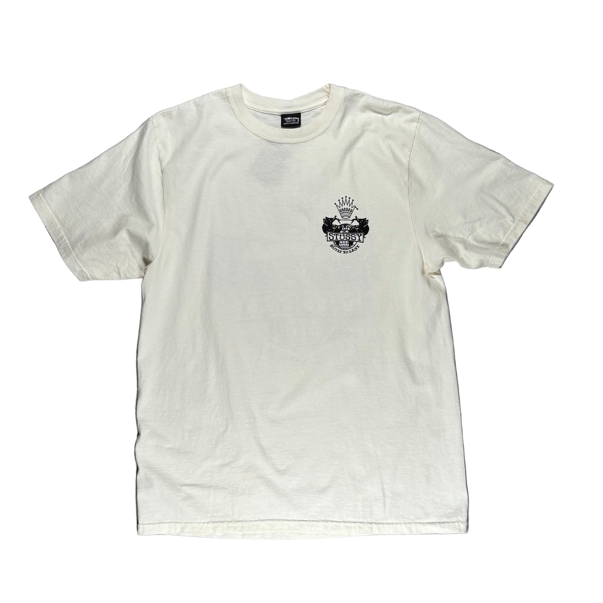 natural colored  t-shirt with a black stussy logo on a white surface