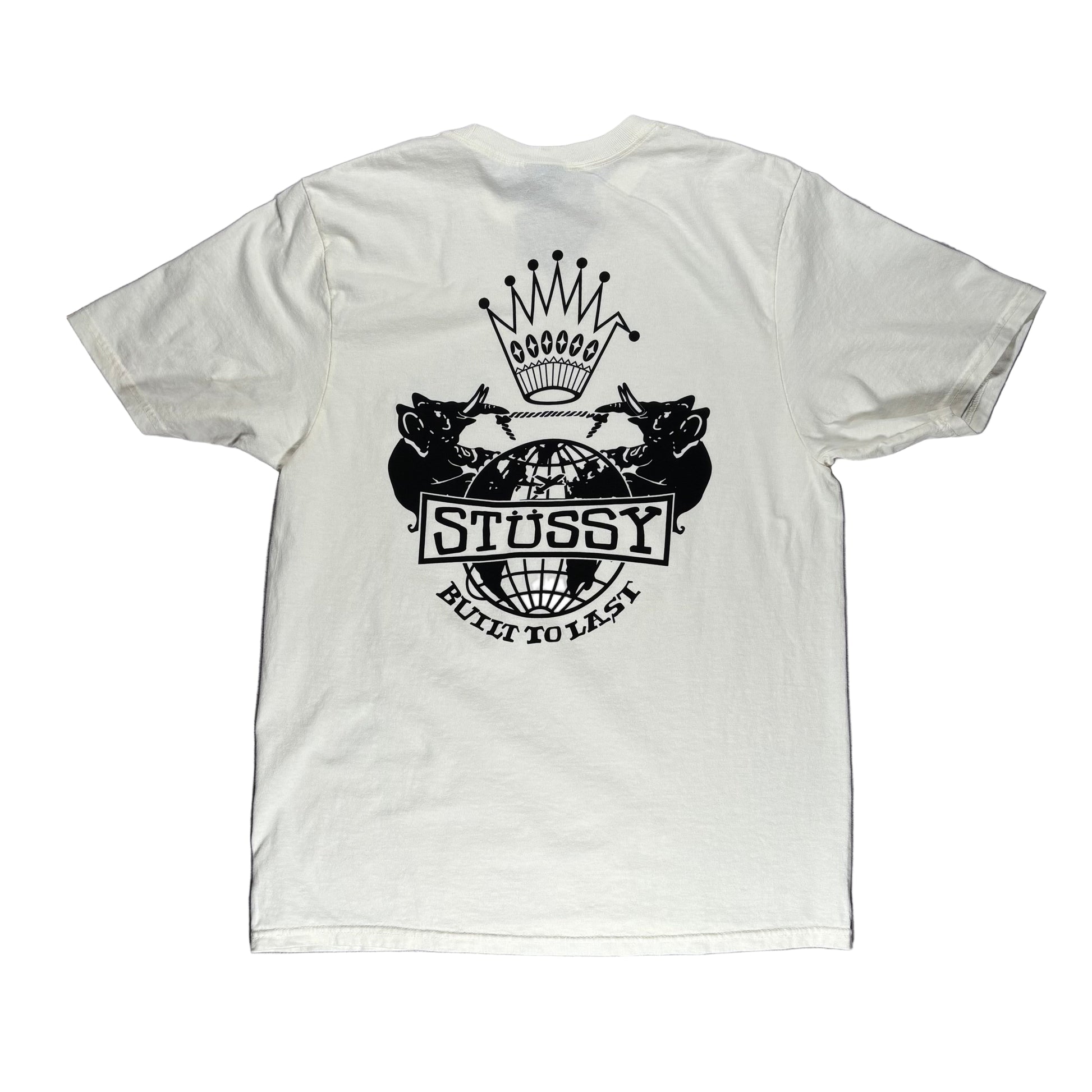 natural t-shirt with black stussy graphic design on a white surface