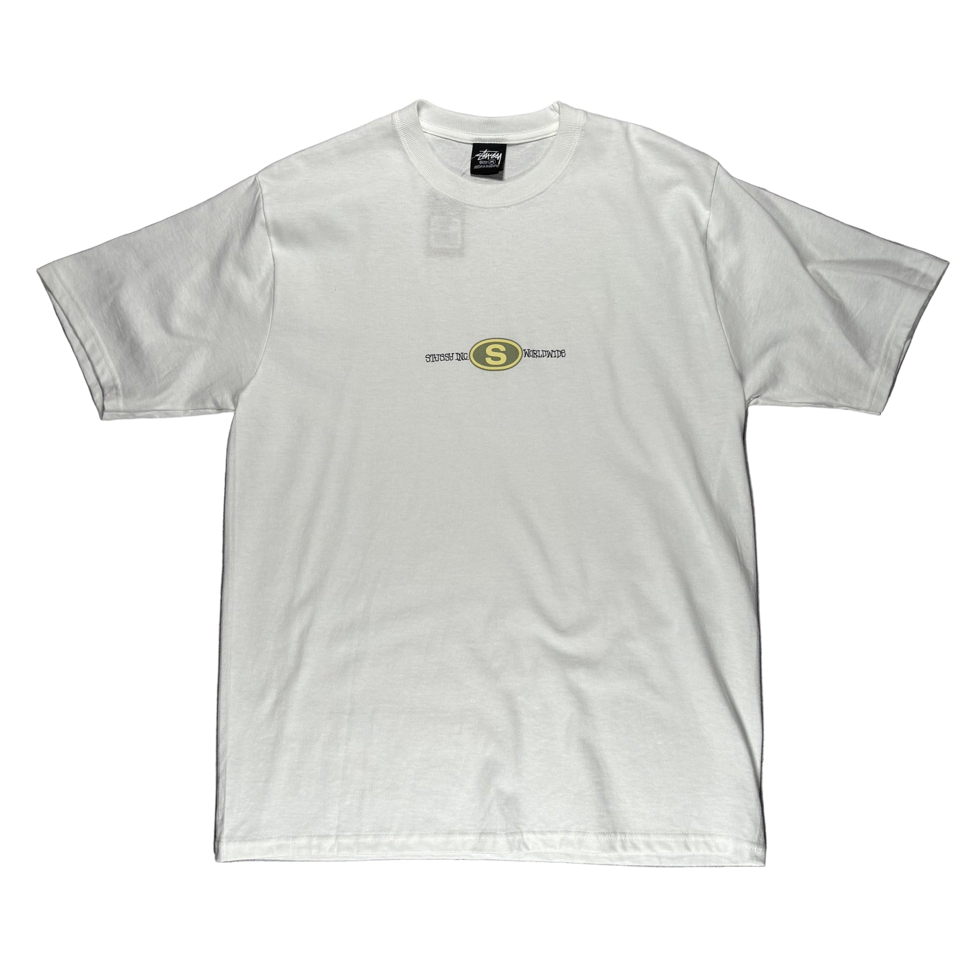 White t-shirt with a stussy logo on a white surface