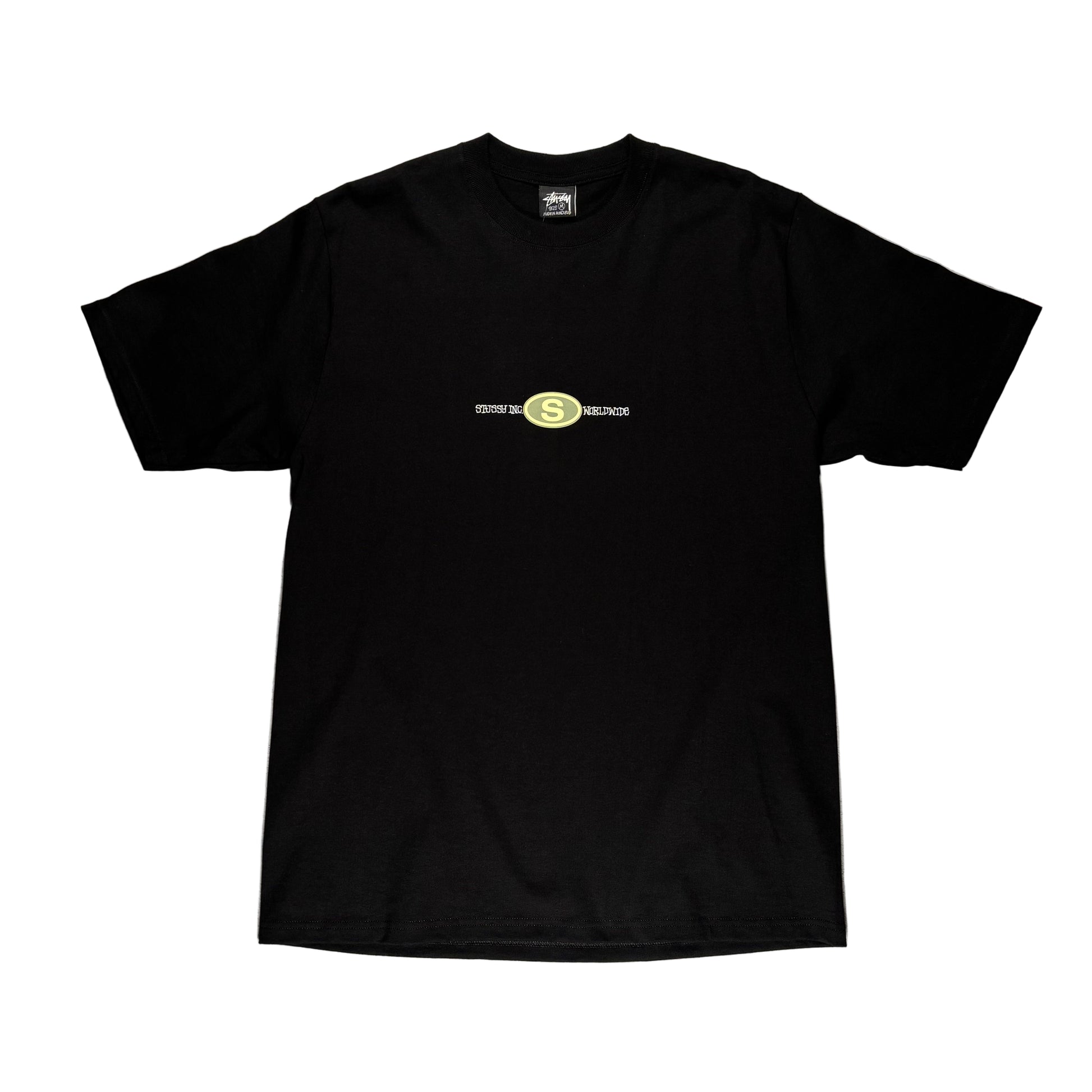 Black t-shirt with a stussy logo on a white surface