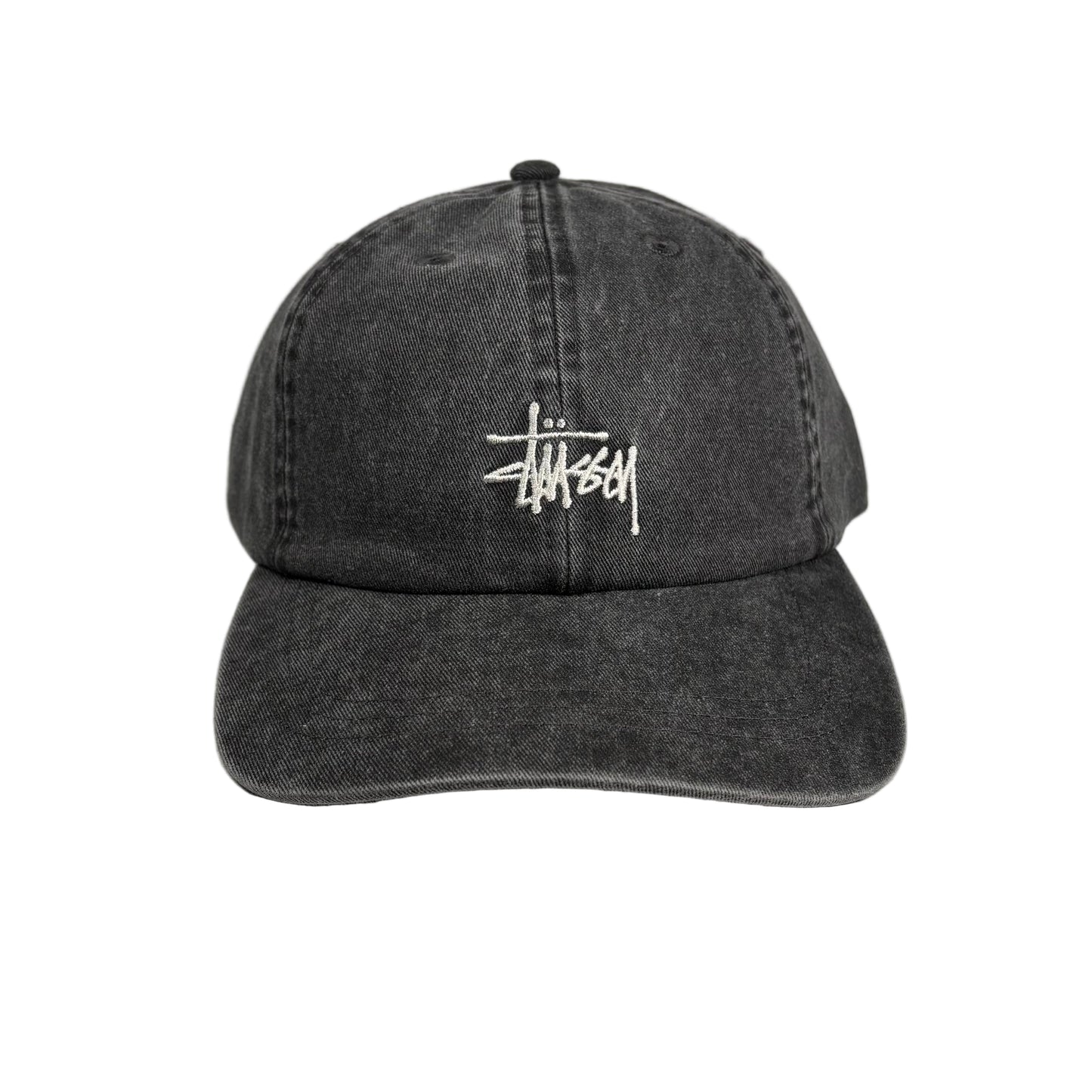 Black denim cap with a white logo on a white background