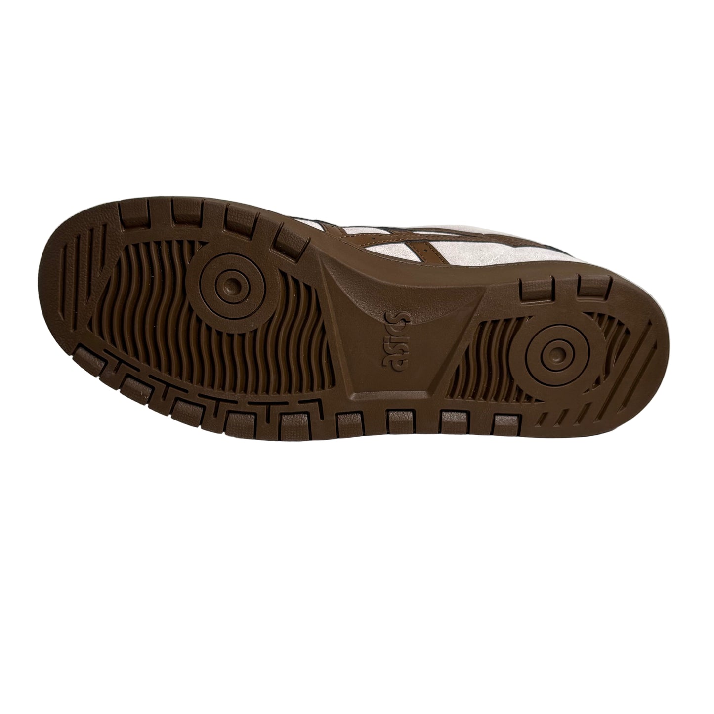 Brown sole of a shoe on a white platform with a white background