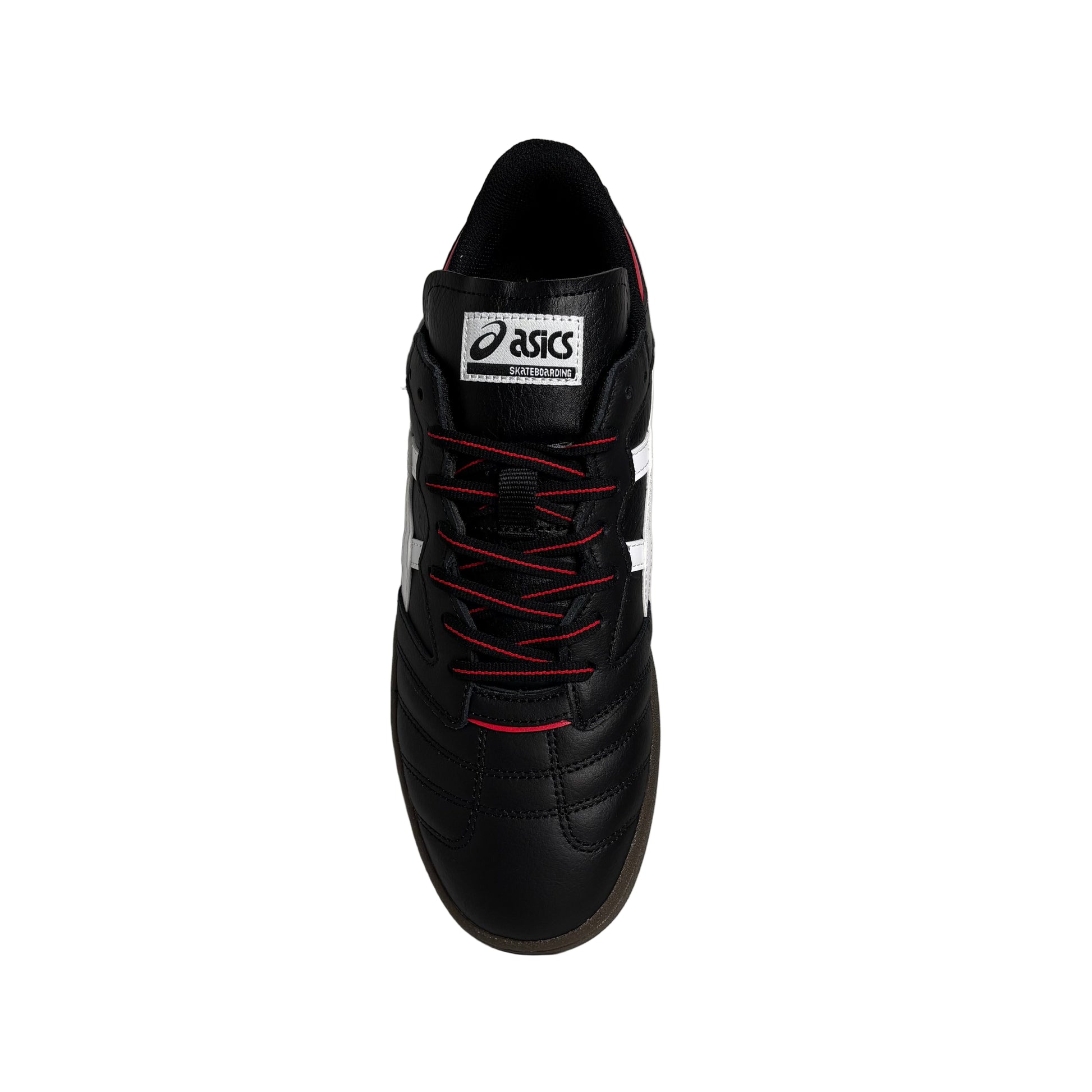 Black athletic shoe with red laces on a white platform against a white background