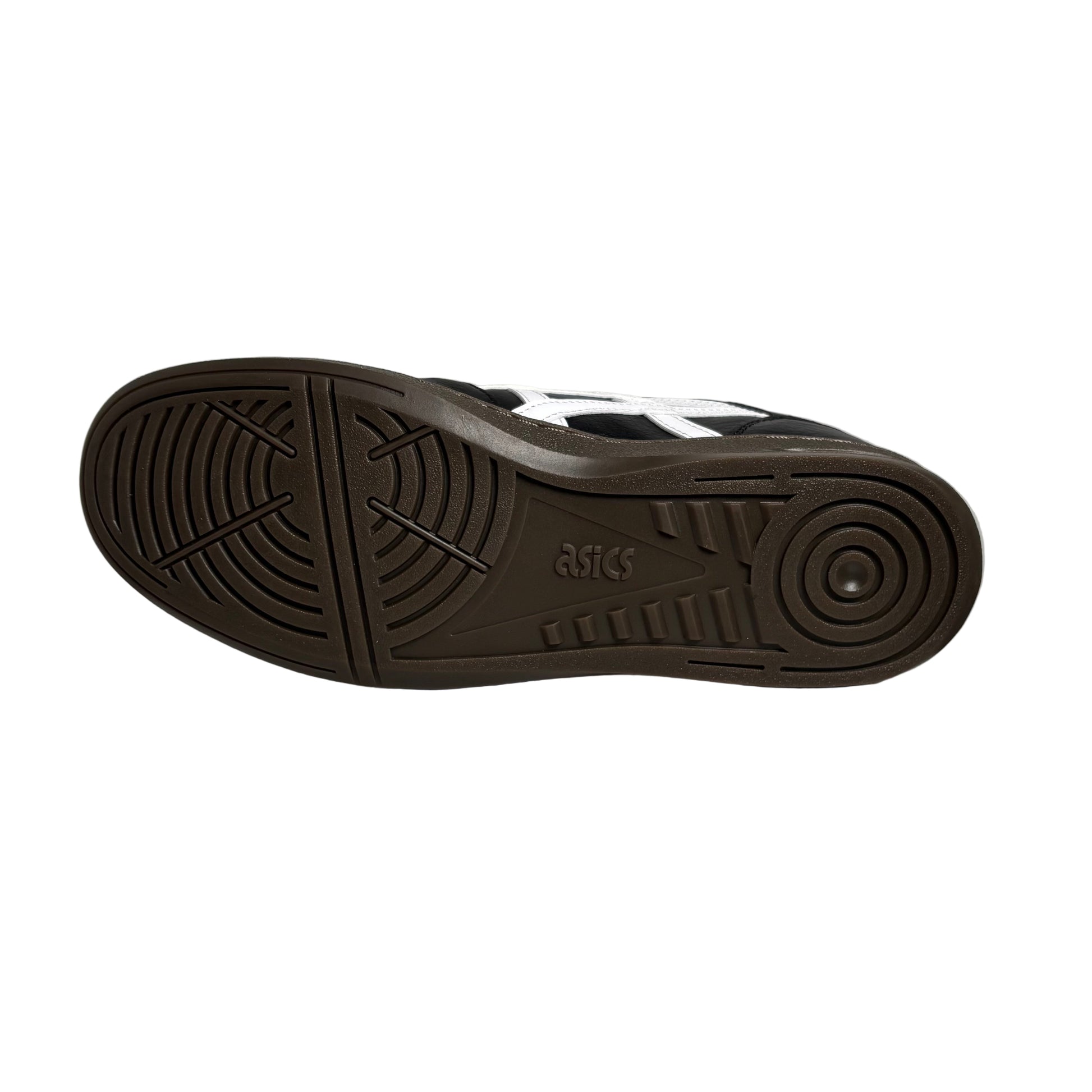 Sole of a black sneaker on a white platform with a white background