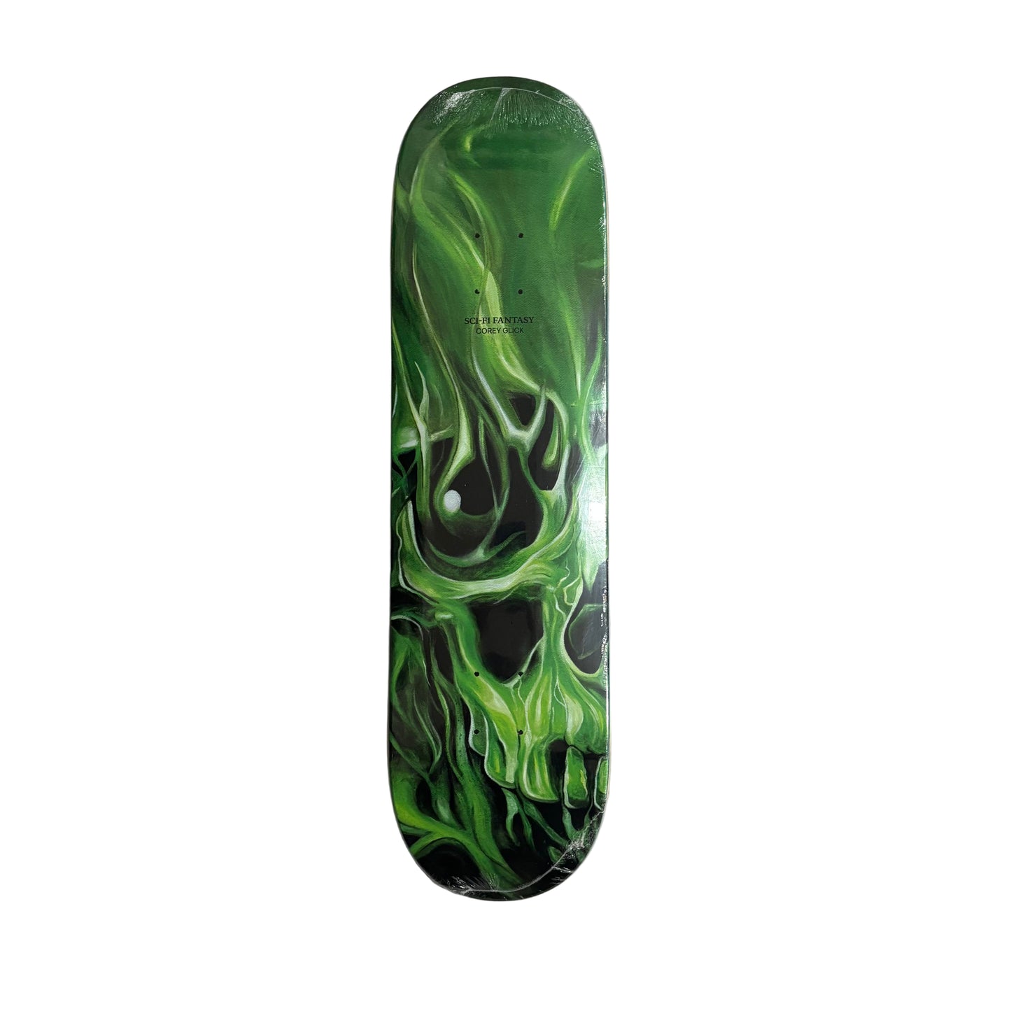 Skateboard deck with green flame design on a white surface