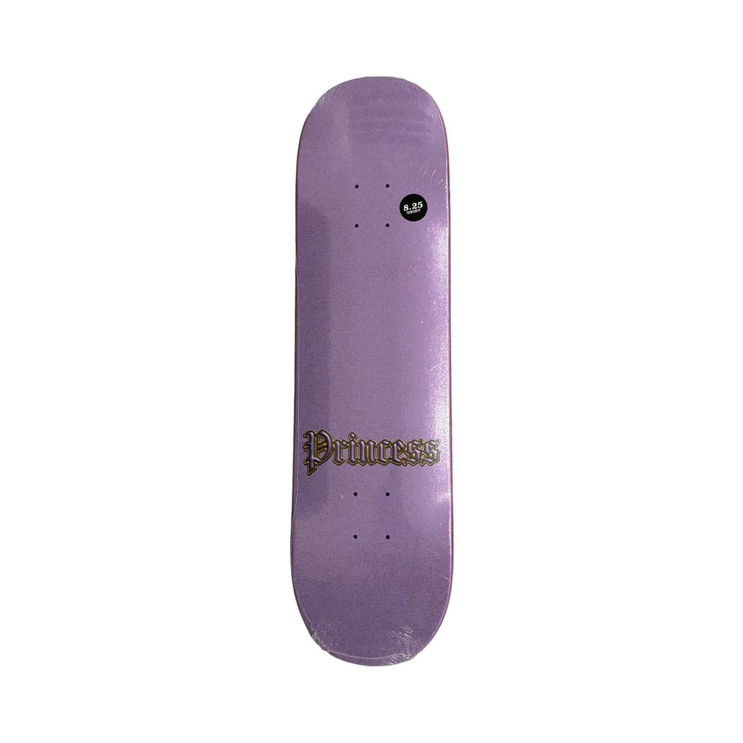 Purple skateboard deck with 'Princess' branding on a white surface