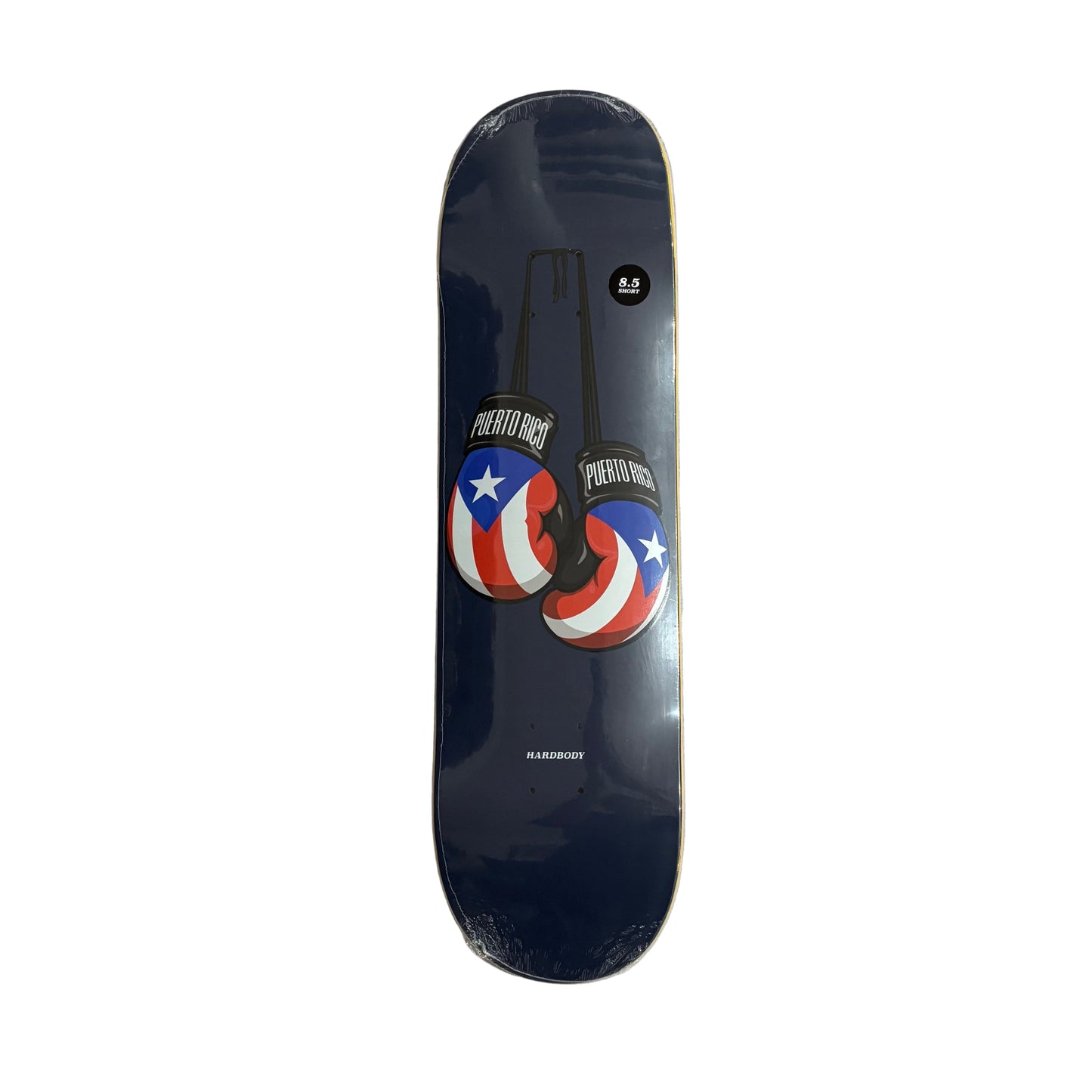 Skateboard deck with puerto rican boxing gloves design on a white surface