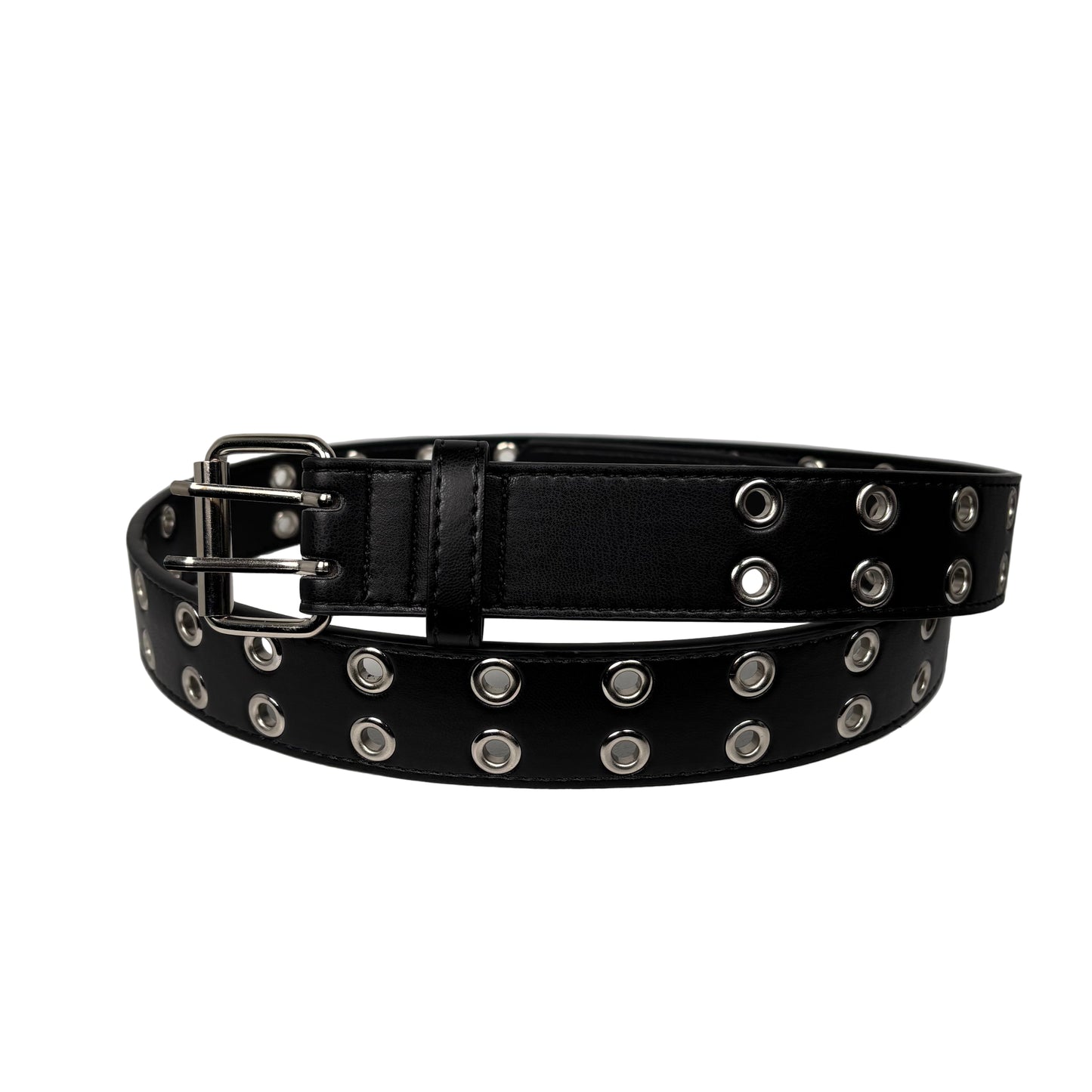 Black leather belt with silver grommets on a white background