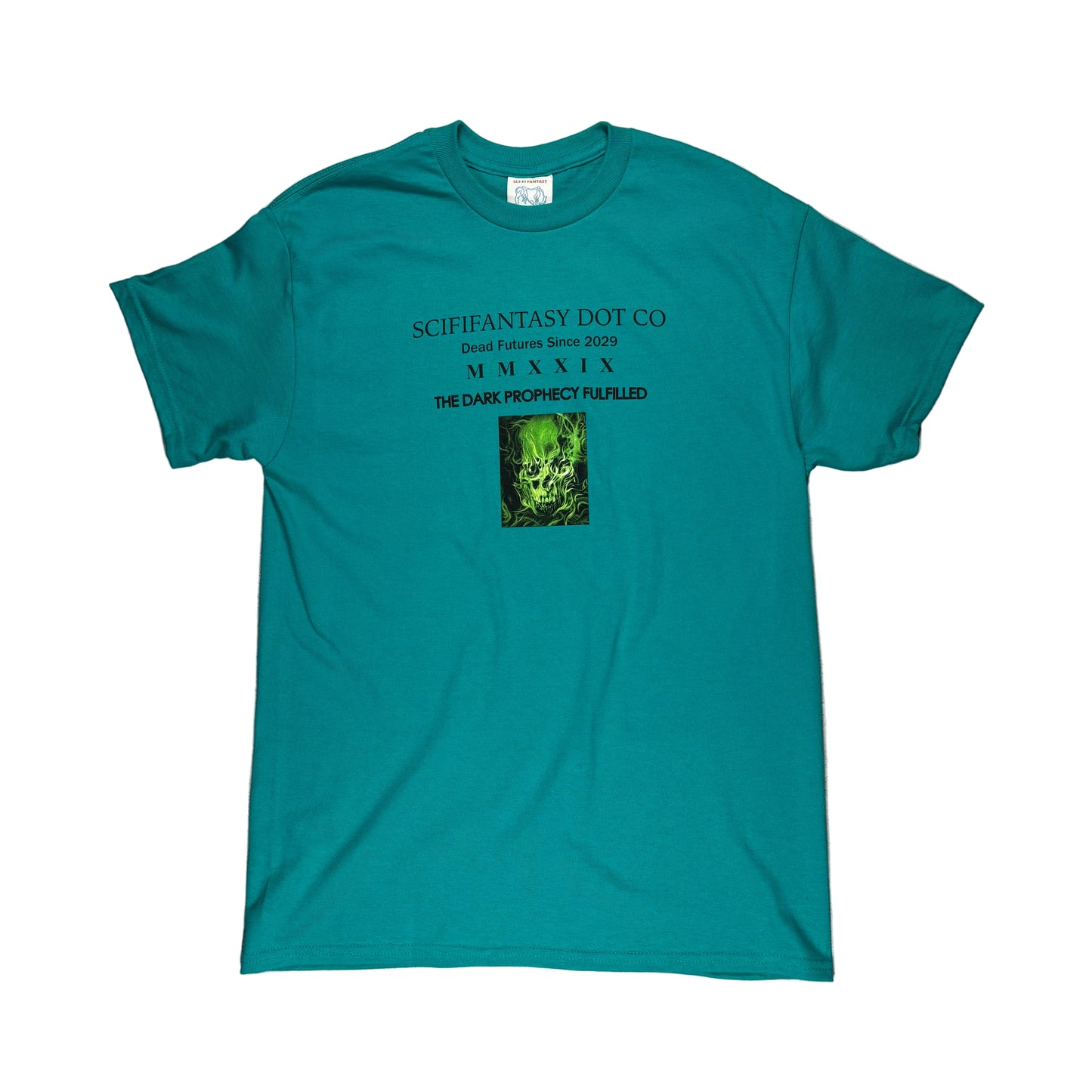 Teal t-shirt with graphic design and text on a white surface