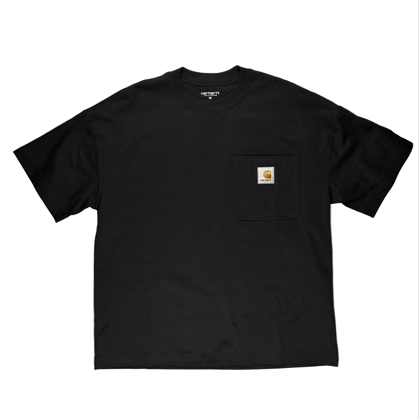 Black t-shirt with a carhartt brand logo on a white surace