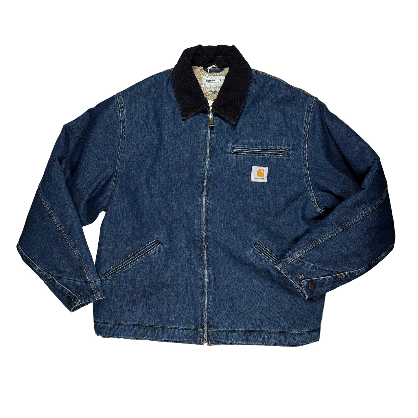 Blue denim jacket with black collar on a white surface