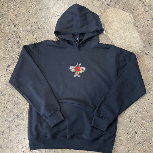 ladybug with wings hoodie embroidered on center chest of black hoodie