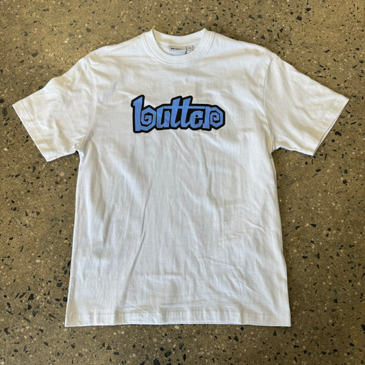 blue and black Butter logo on white T-shirt