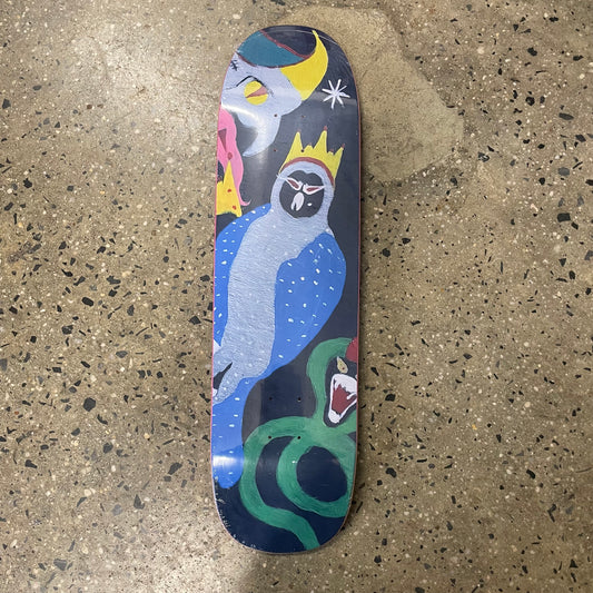 Hand painted style birds and snakes on black skate deck
