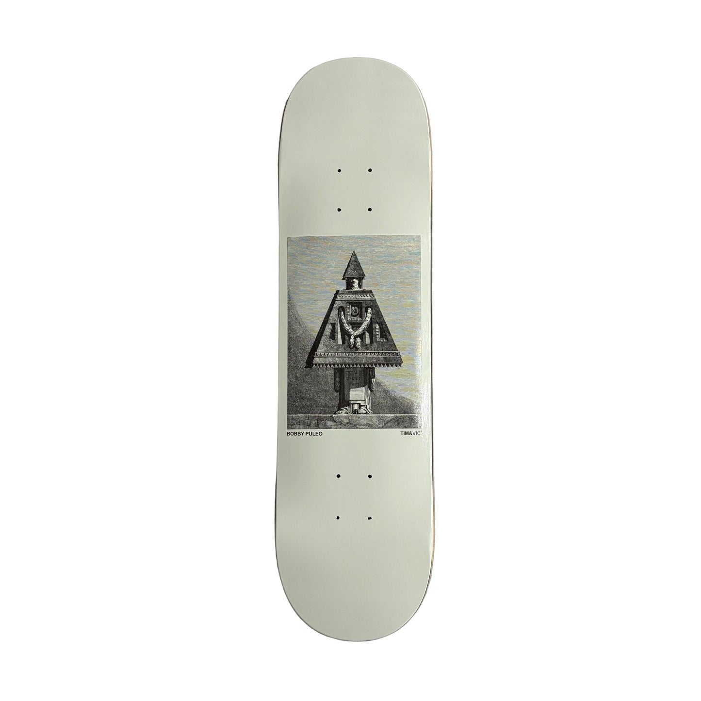 Skateboard deck with a printed design on a white surface