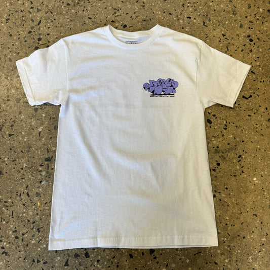 5boro bubble graf style logo, purple ink on white t-shirt, left chest print