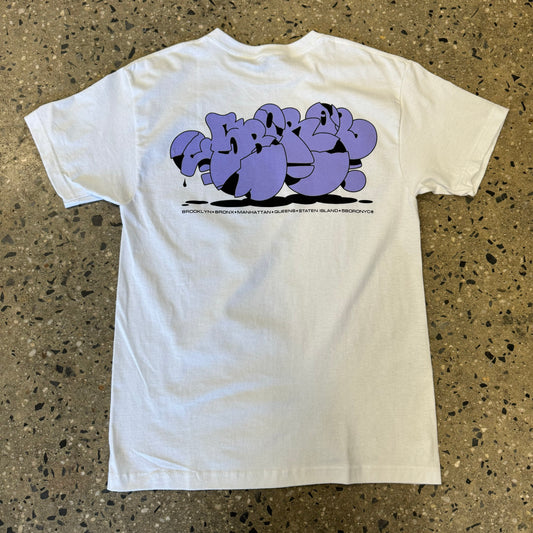 Large Back print of 5boro graf style bubble logo, purple ink on white shirt