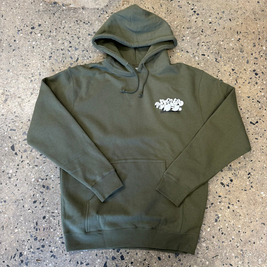 5boro bubble graf style logo in white , printed small, on front left chest of olive hoodie