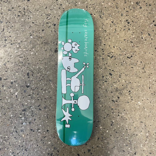 white child like graphic on green skate deck