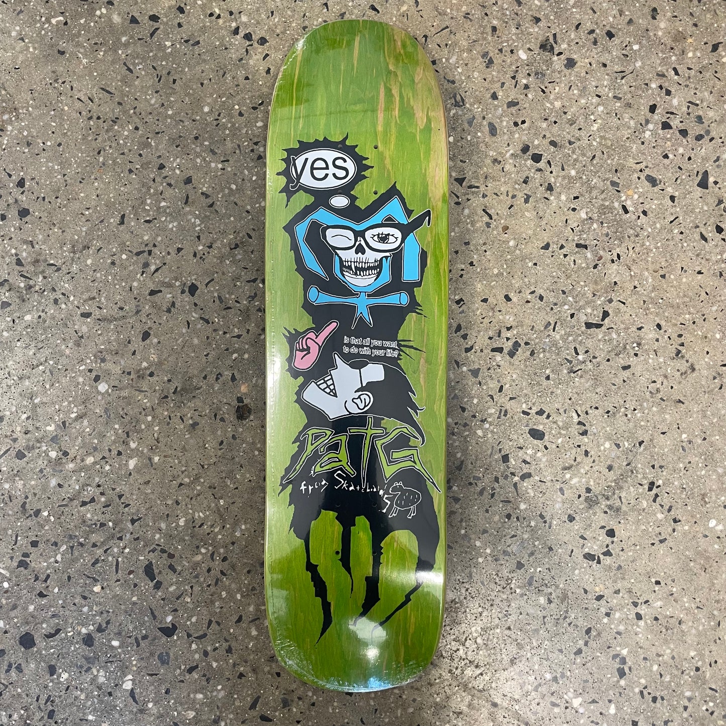 weird clown graphic like a child drew it, on woodgrain skate deck, woodgrain colors vary