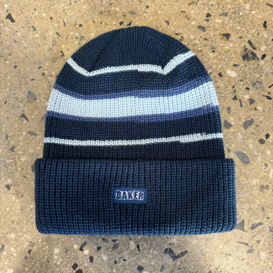 Navy and blue striped beanie with Baker logo