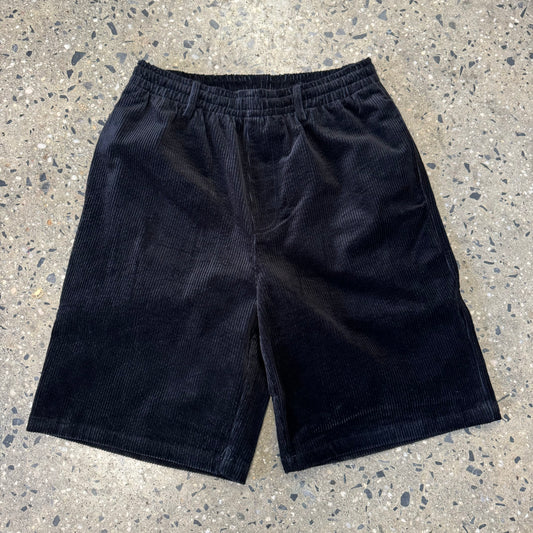 front view of black corduroy shorts