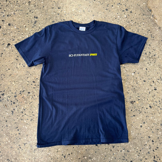 white and yellow logo on navy T-shirt