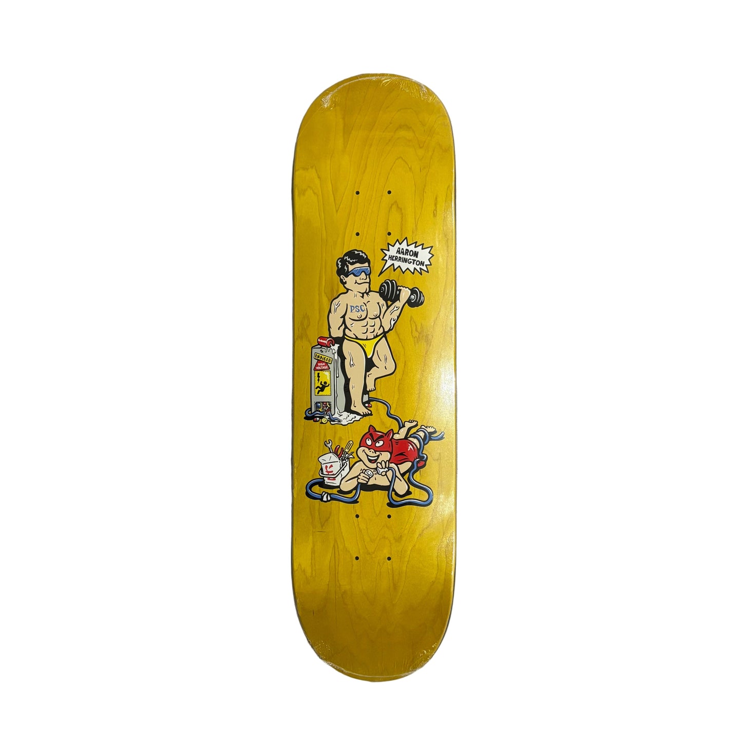 Skateboard deck with graphic design of a boxer on a white surface