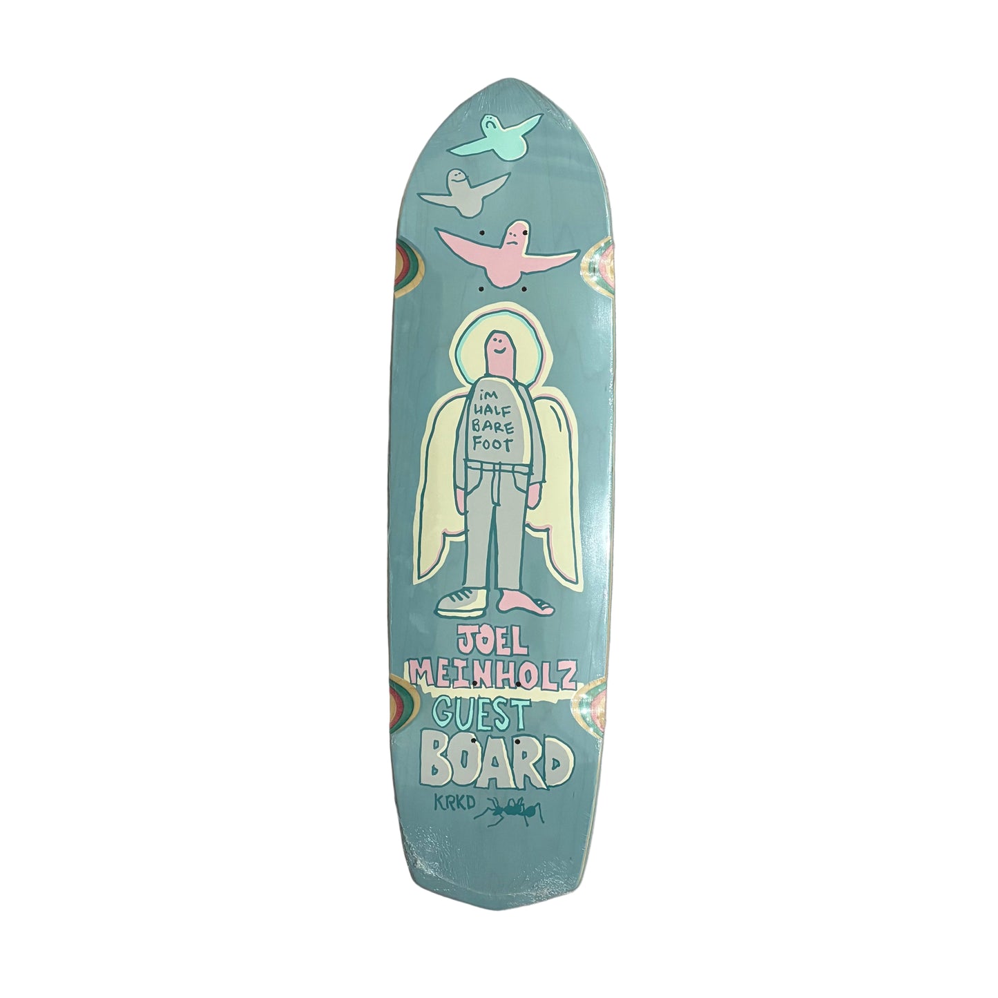 Skateboard deck with artwork and text on a white surface