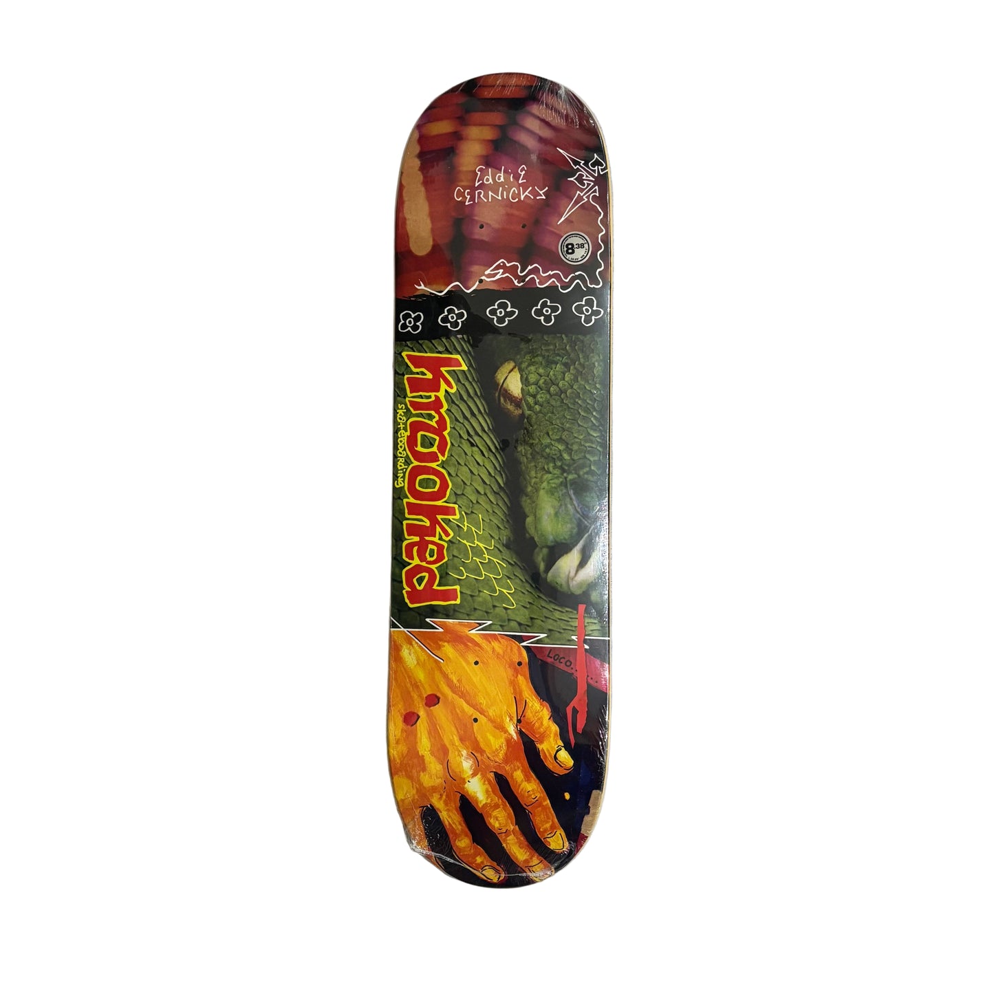 Skateboard deck with colorful design on a white surface