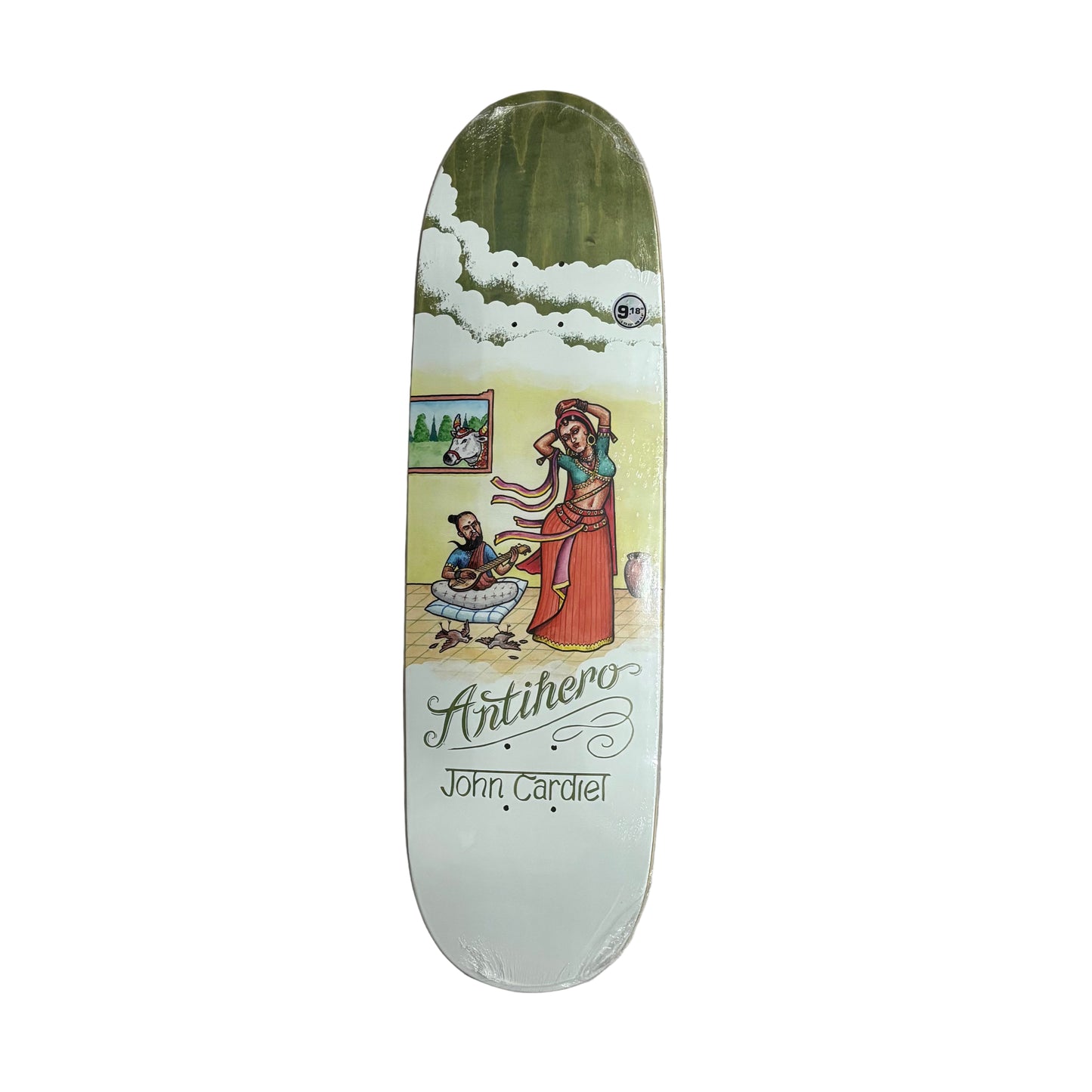 Skateboard deck with a colorful graphic design on a white surface