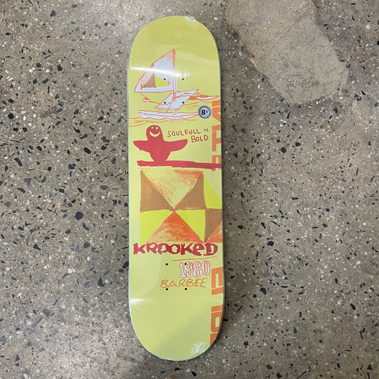 red, yellow, and orange abstract design on yellow skate deck