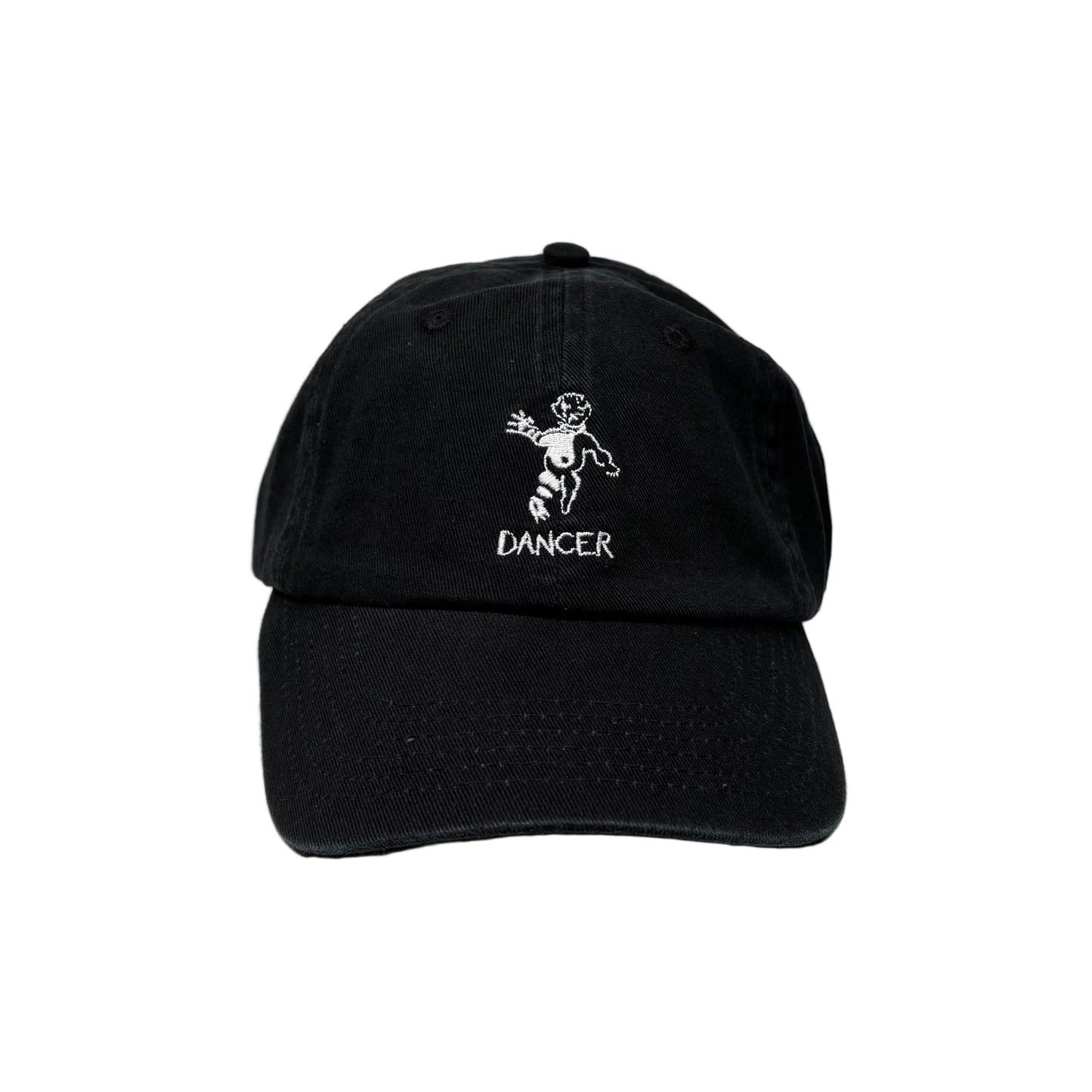 Black cap with white logo and text on a white background