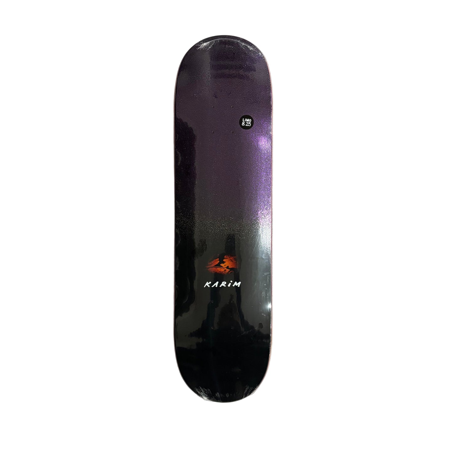 Black and purple glitter skateboard deck with branding on a white surface