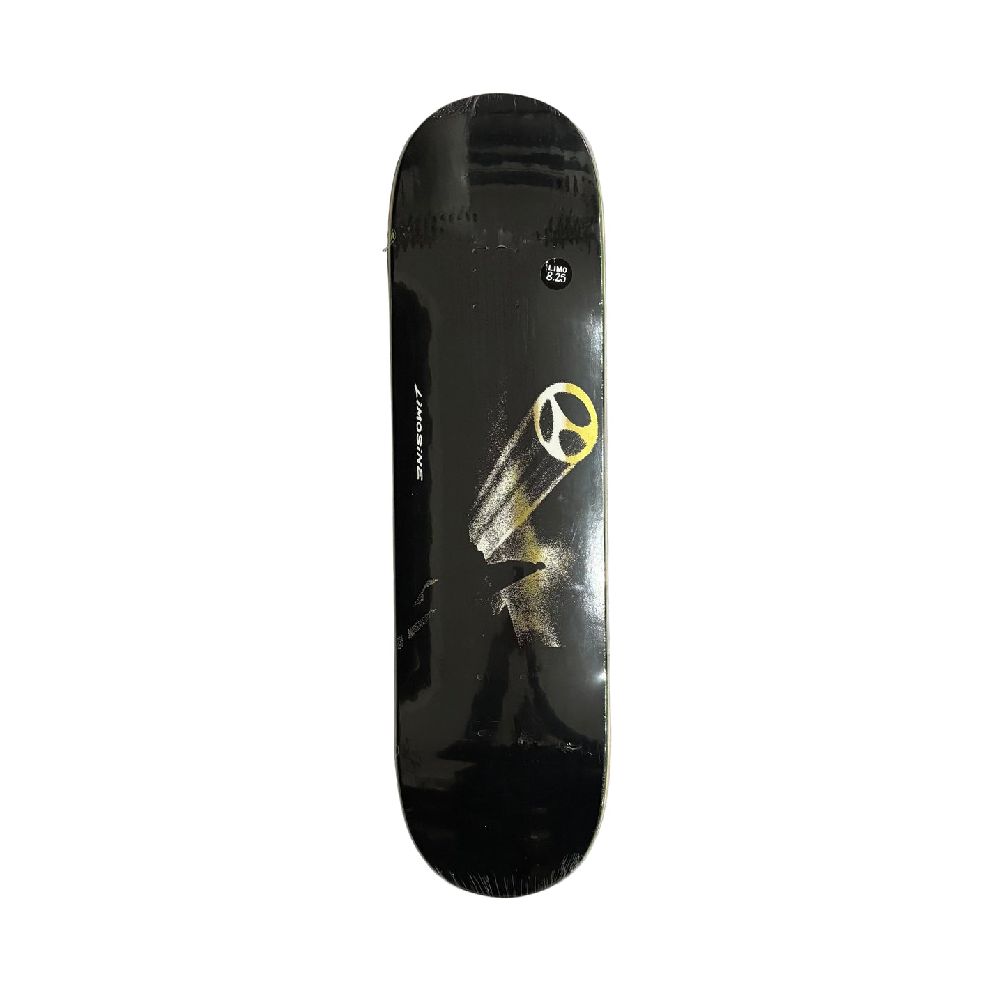 Black skateboard deck with a yellow logo on a white surface