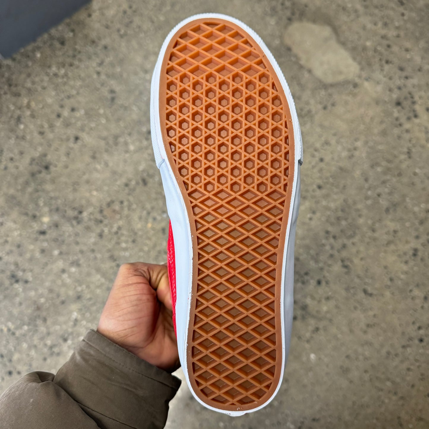 view of bottom of shoe, gum rubber classic vans waffle grip sole