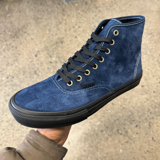 side view  of Navy hi top suede skateboard shoe, black outsole