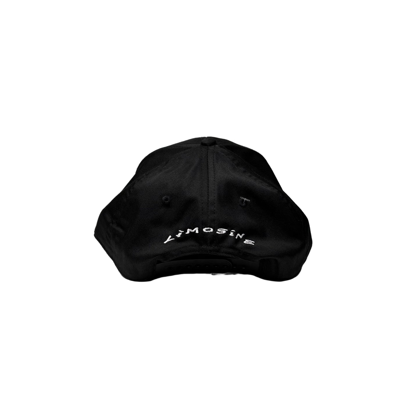 rear view of Black cap with white text on a white background