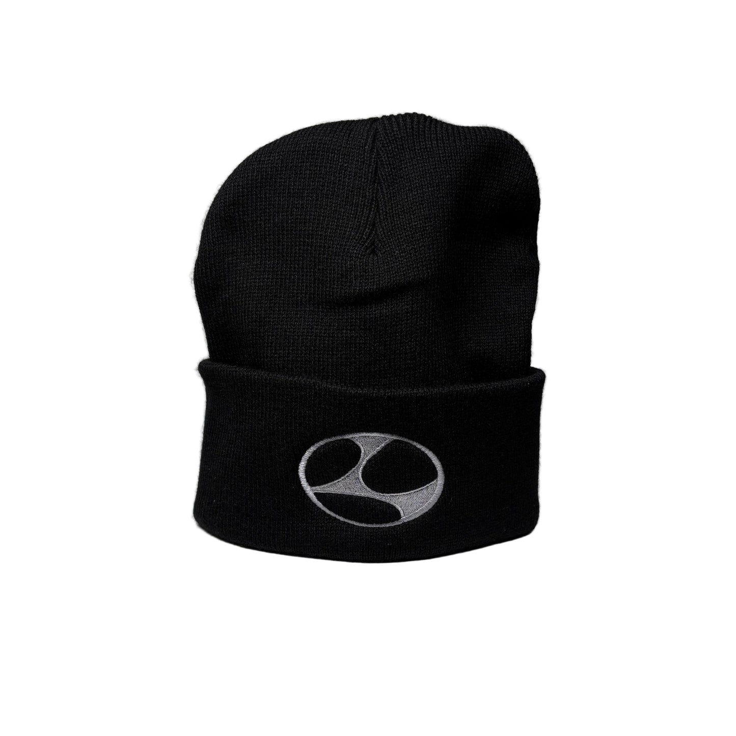 Black beanie with a logo on a white background