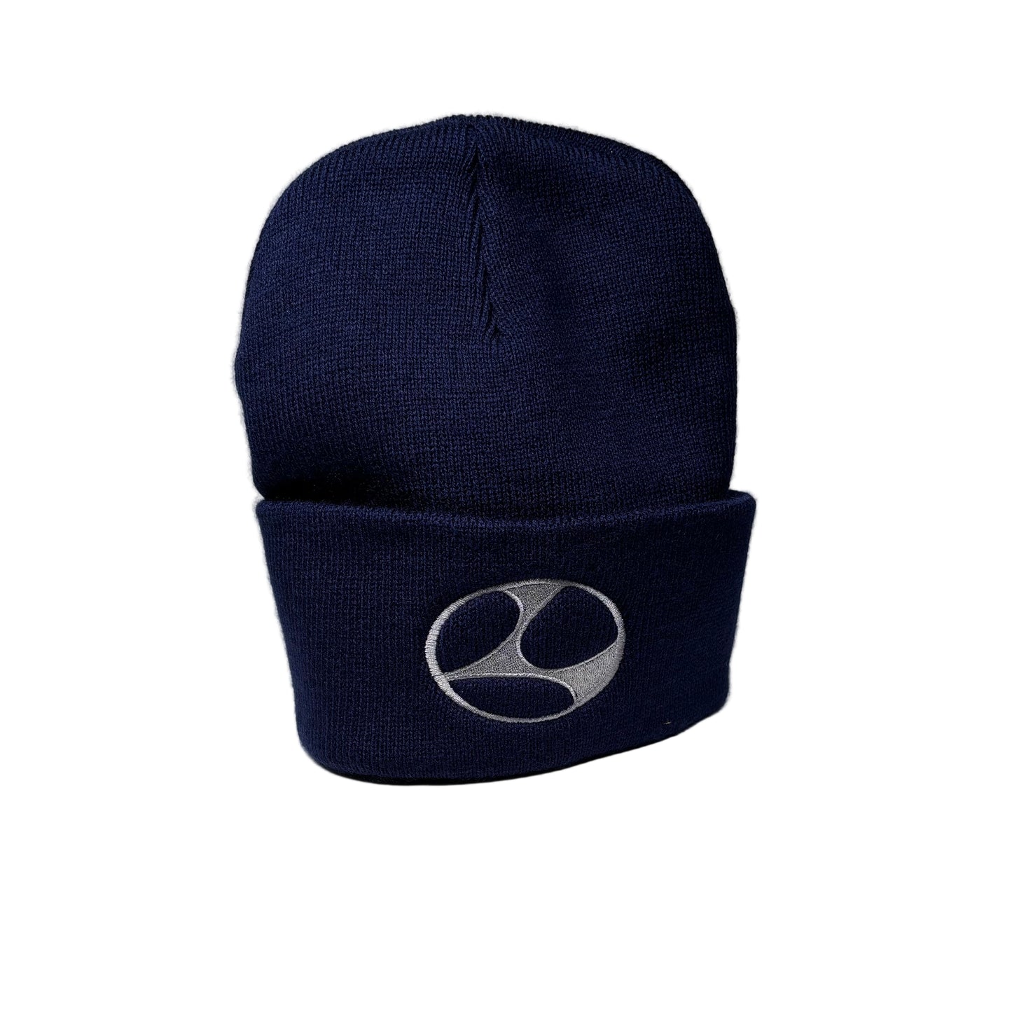 Navy blue beanie with a logo on a white background