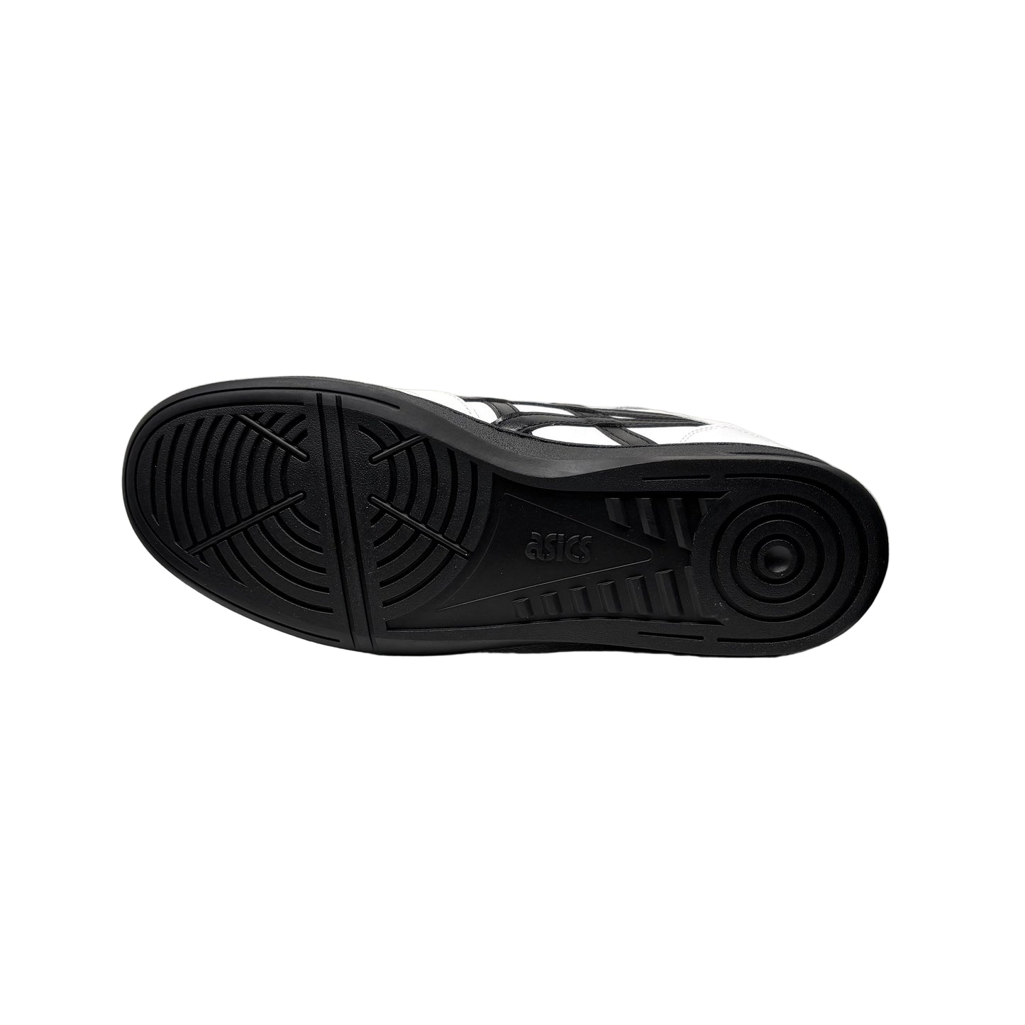 outsole of Black sneaker with white logo on a white background